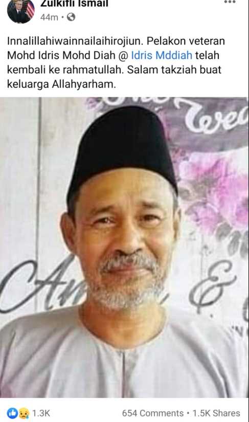 Pelakon veteran popular, Mohd Idris Mohd Diah telah kembali ke rahmatullah 2